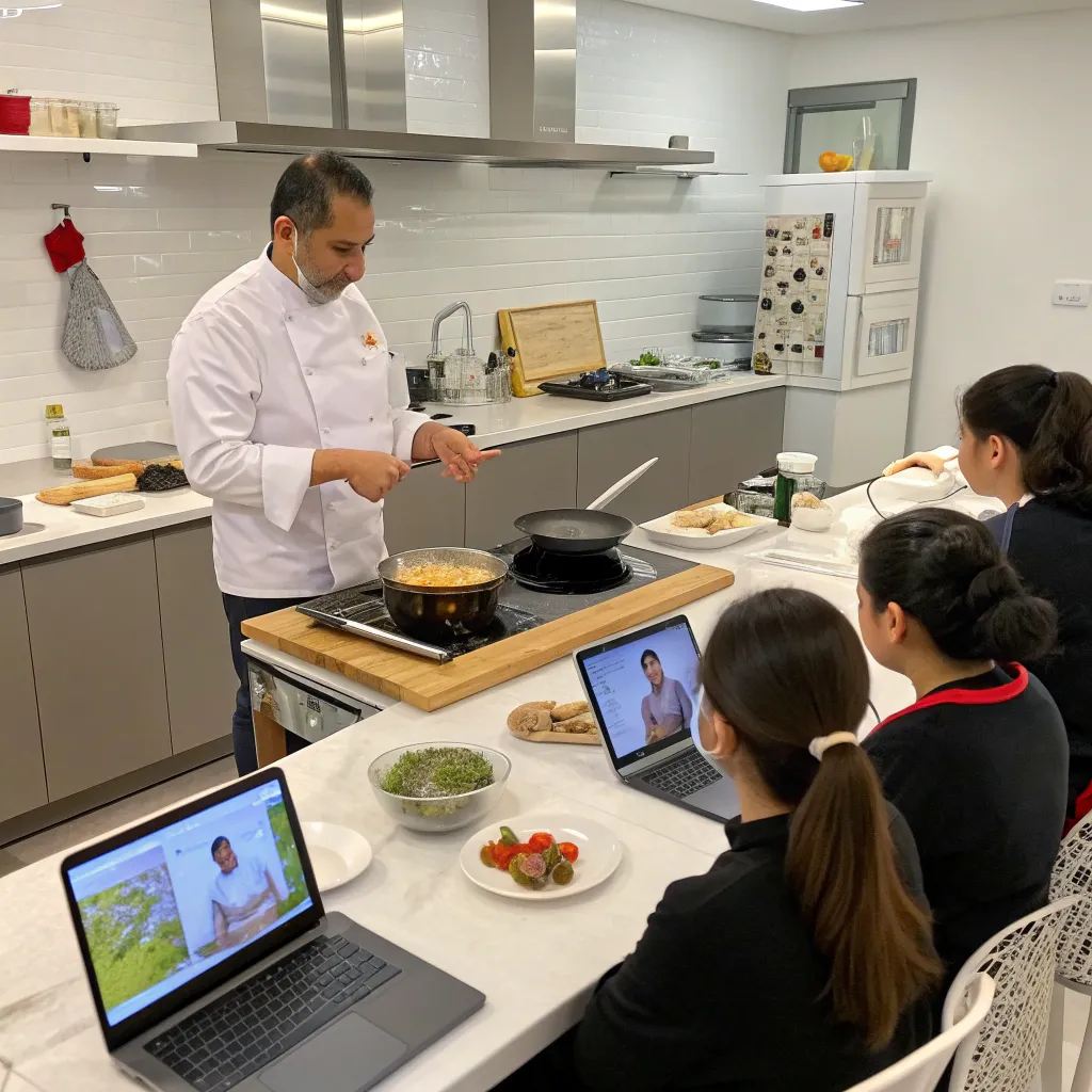 A chef guiding students in an online cooking class